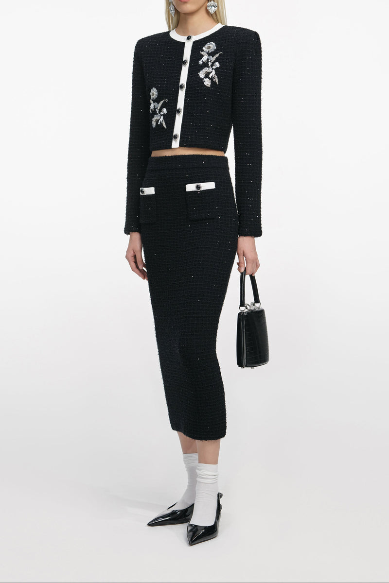 Black Textured Knit Midi Skirt