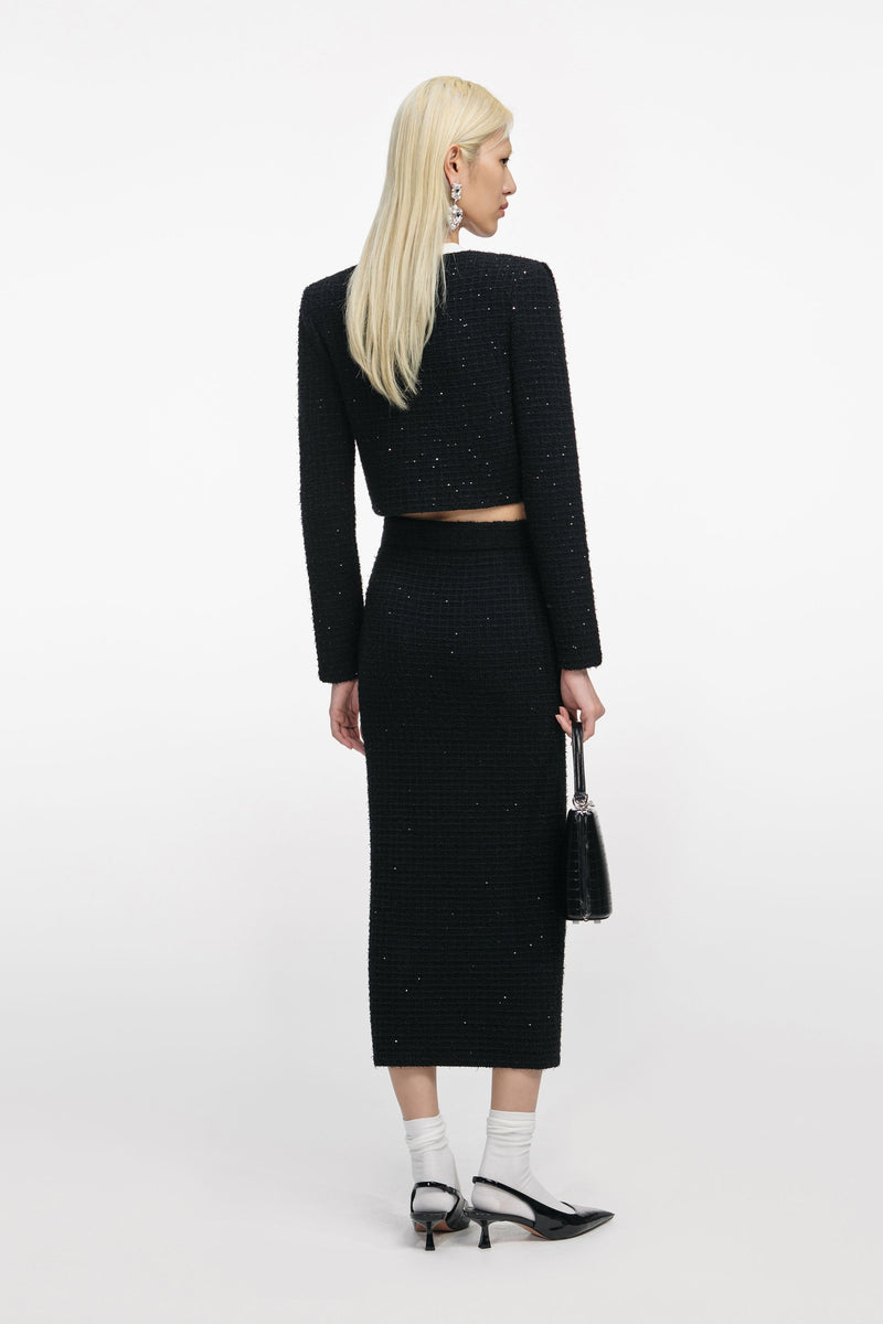 Black Textured Knit Midi Skirt