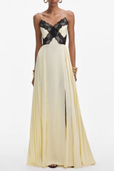 josephine Yellow Satin Lace Maxi Dress