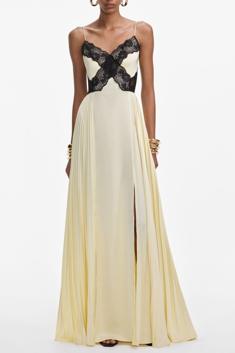 josephine Yellow Satin Lace Maxi Dress