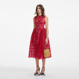 brenda Lace hollow Midi Dress in red
