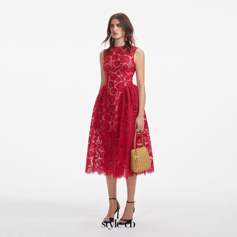 brenda Lace hollow Midi Dress in red