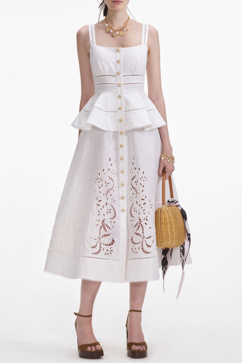 helen Cream Linen Peplum Midi Dress