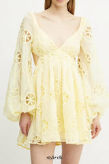 tiffany v-neck puff sleeve hollow mini dress in yellow