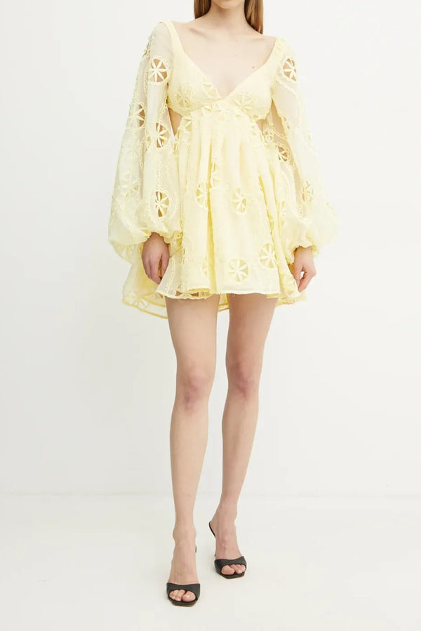 tiffany v-neck puff sleeve hollow mini dress in yellow