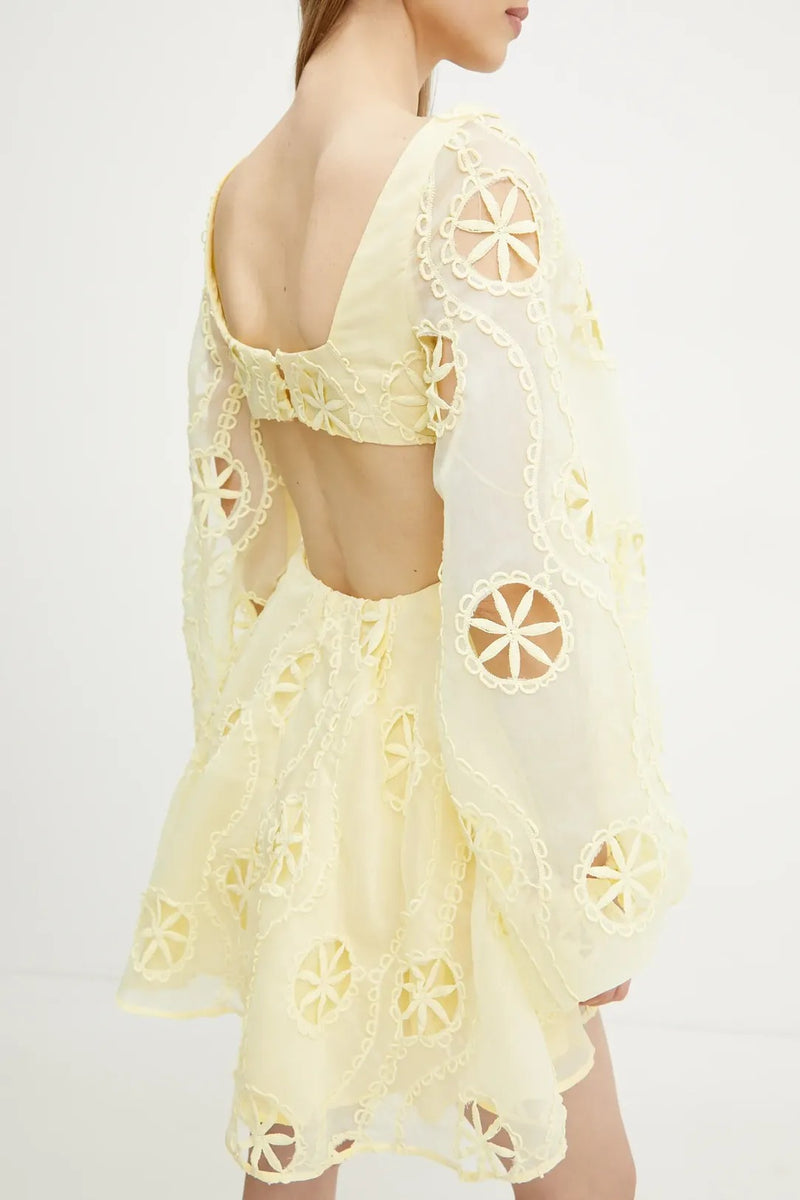 tiffany v-neck puff sleeve hollow mini dress in yellow