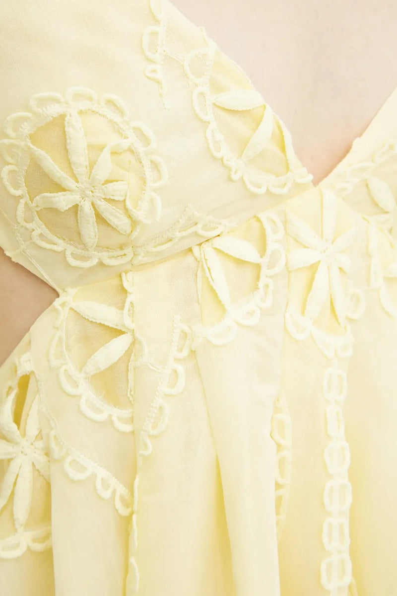 tiffany v-neck puff sleeve hollow mini dress in yellow