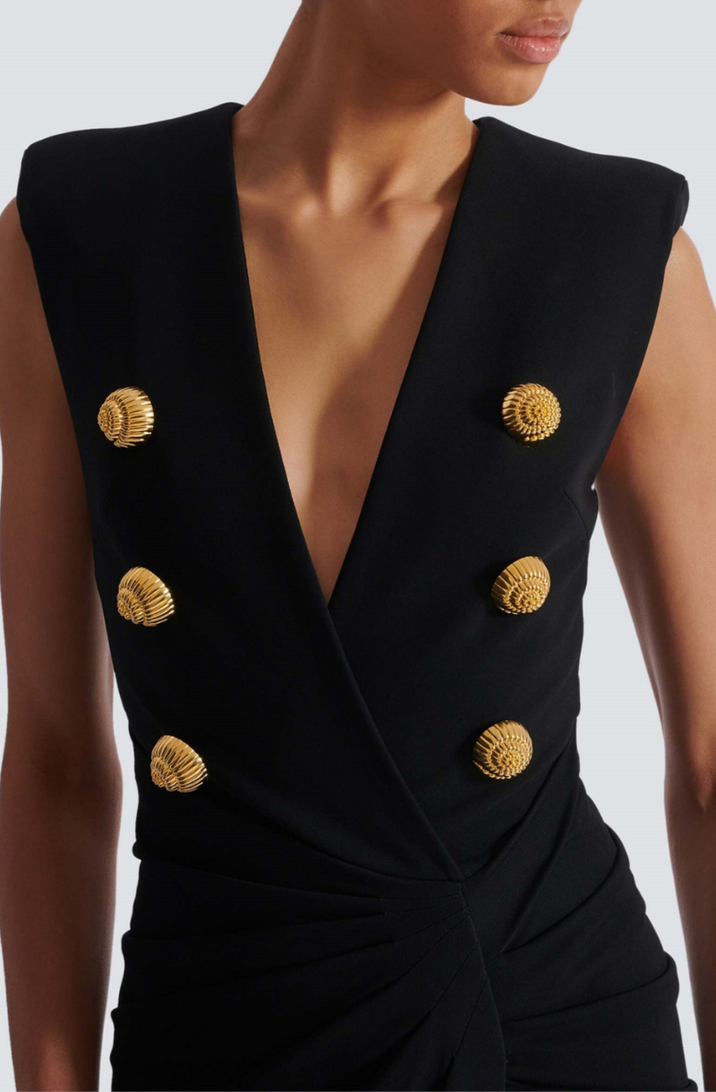 Deep-V Sleeveless Ruched Slit Maxi Dress in black