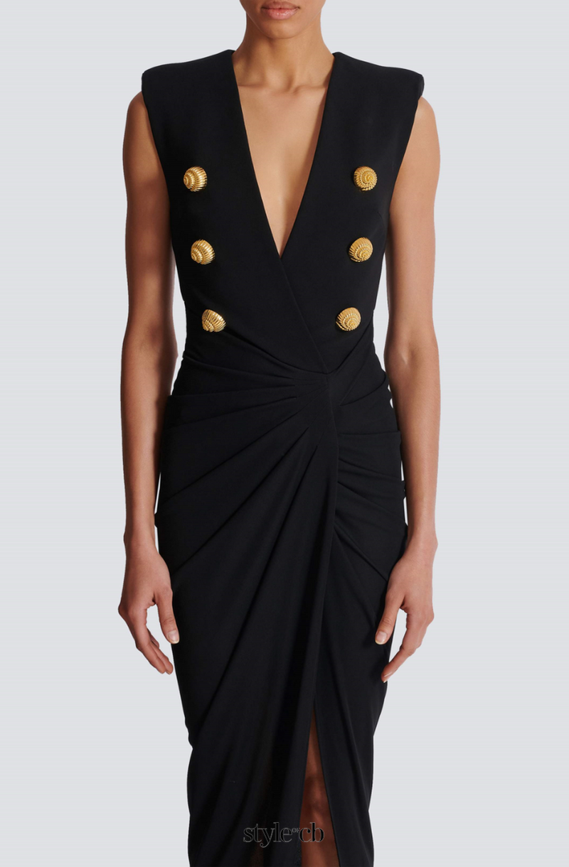 Deep-V Sleeveless Ruched Slit Maxi Dress in black