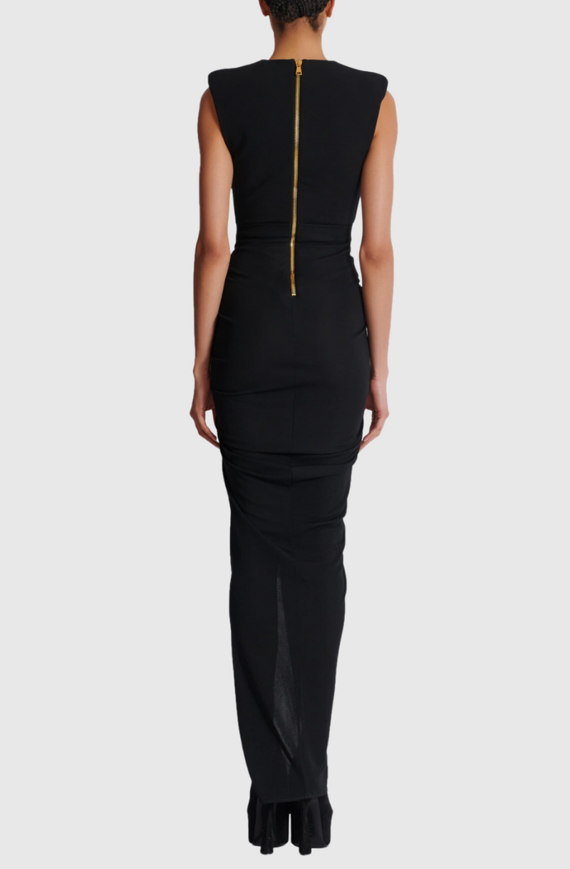 Deep-V Sleeveless Ruched Slit Maxi Dress in black