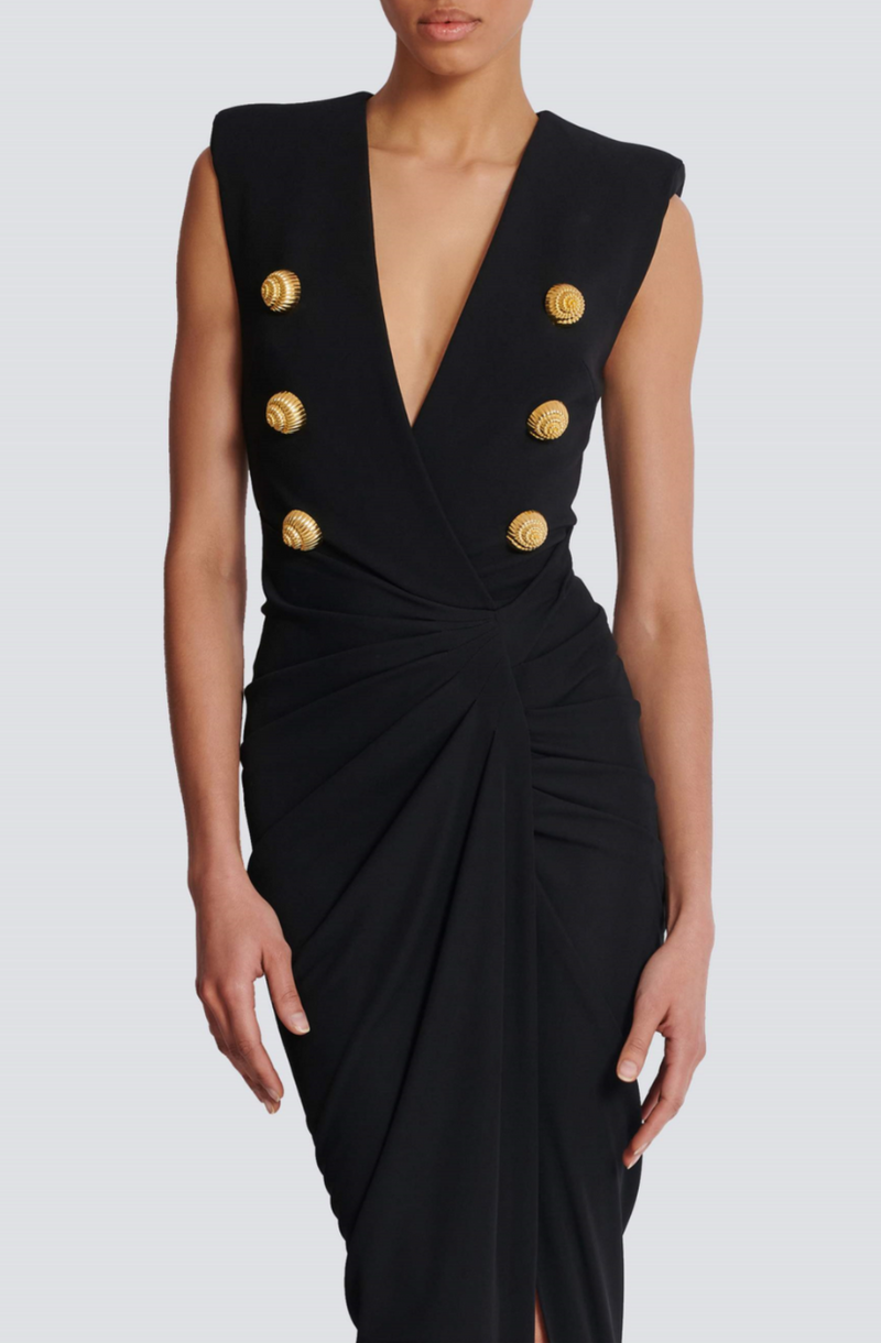 Deep-V Sleeveless Ruched Slit Maxi Dress in black