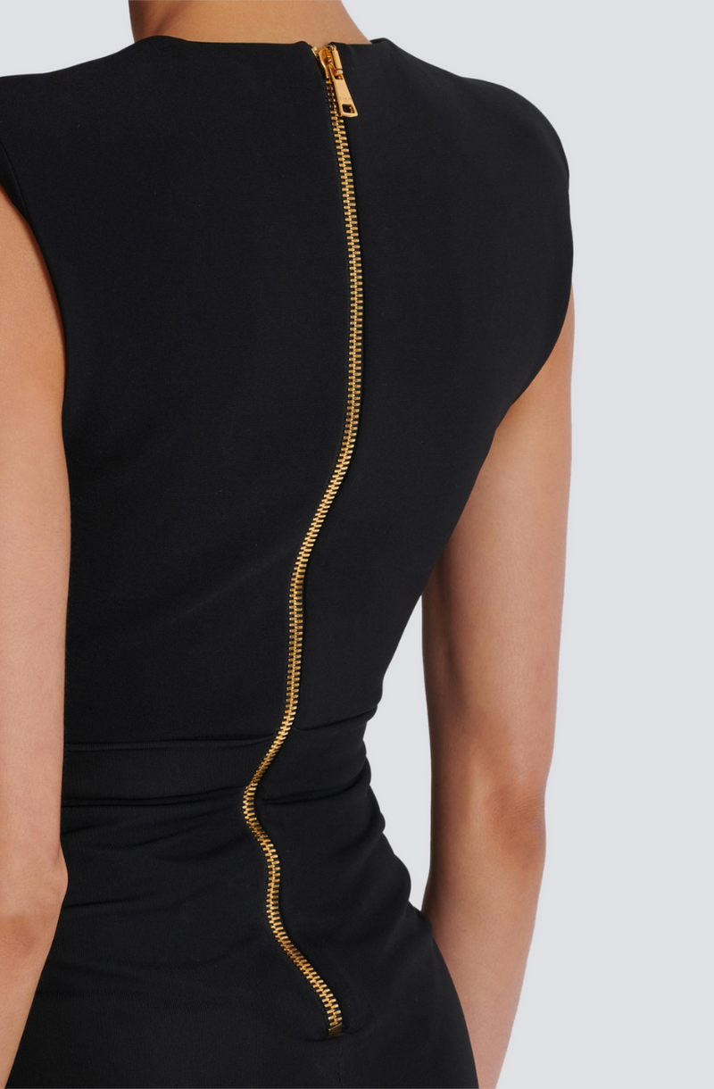 Deep-V Sleeveless Ruched Slit Maxi Dress in black