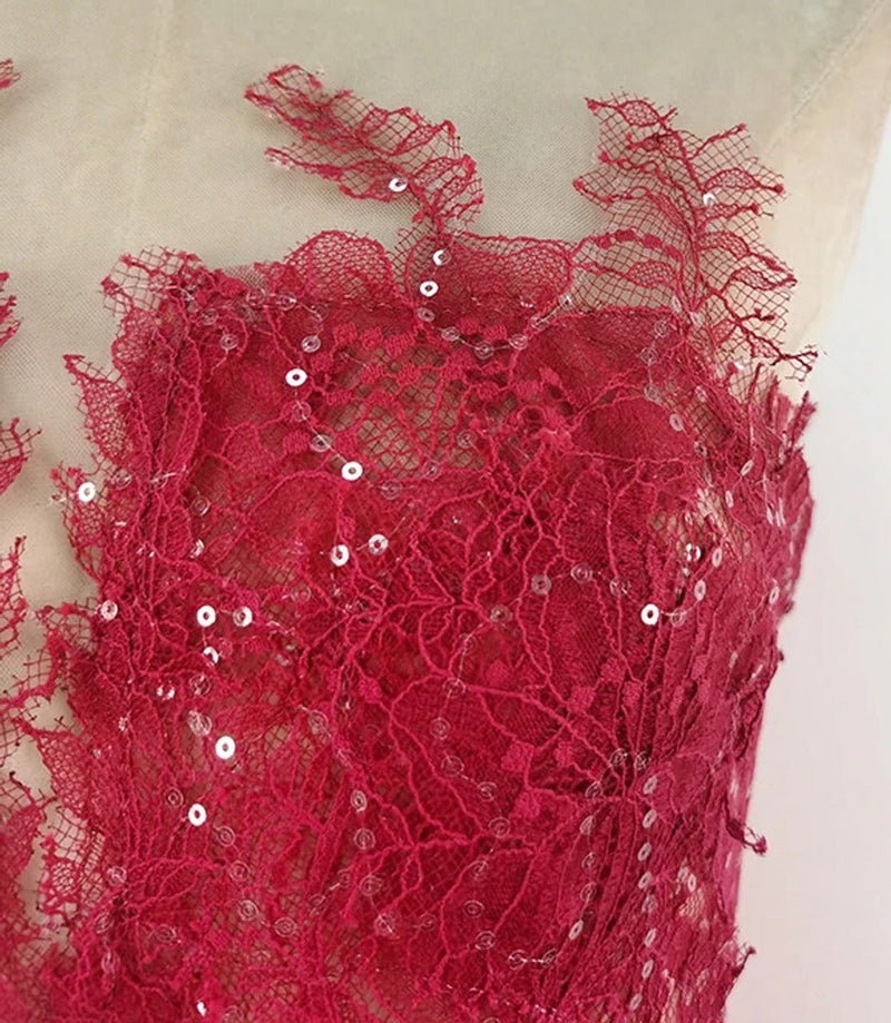 RED FLORAL LACE EMBROIDER MIDI DRESS