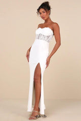 Sultry Persona White Lace Strapless Bustier Mermaid Maxi Dress