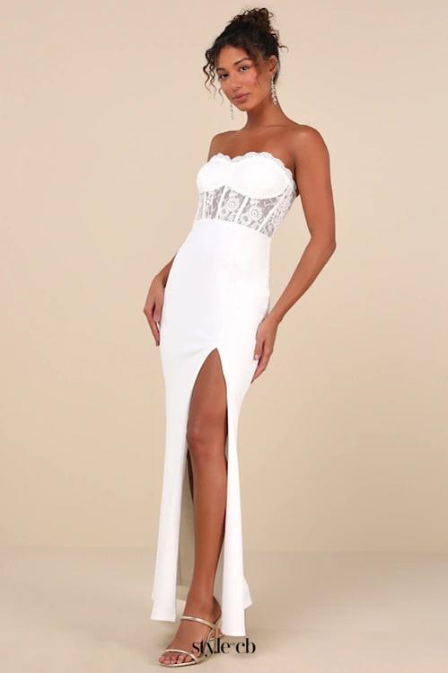 Sultry Persona White Lace Strapless Bustier Mermaid Maxi Dress