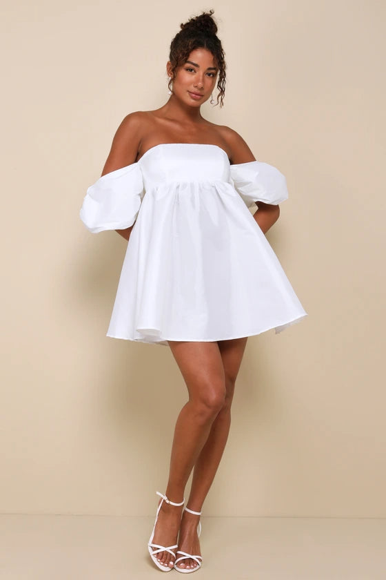 Sweet Vision White Taffeta Off-the-Shoulder Babydoll Mini Dress
