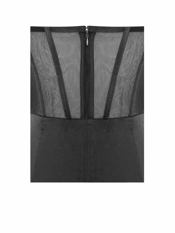 BLACK SATIN LACE CORSET MAXI DRESS