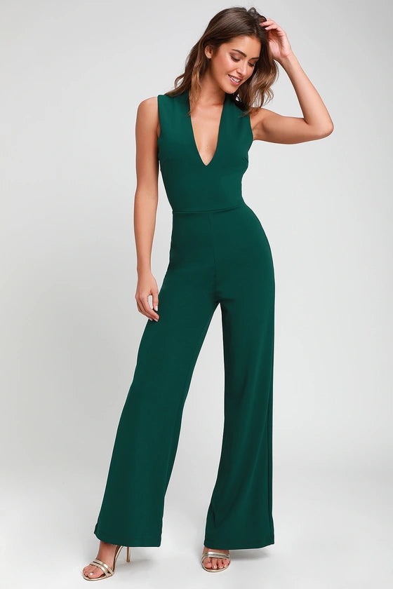 Thinking Out Loud Hunter Green Backless Jumpsuit
