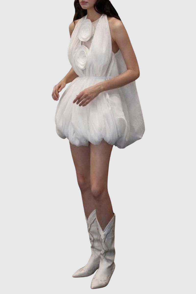 Tlora Floral Applique Halter Puffy Mini Dress