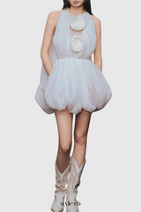 Tlora Floral Applique Halter Puffy Mini Dress