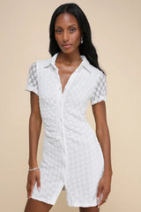 Truly Pristine White Mesh Floral Ruched Button-Up Mini Dress