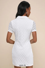 Truly Pristine White Mesh Floral Ruched Button-Up Mini Dress