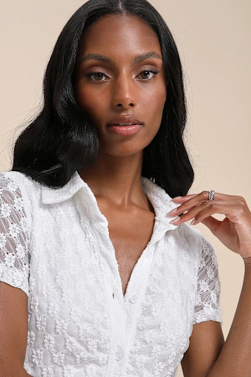 Truly Pristine White Mesh Floral Ruched Button-Up Mini Dress
