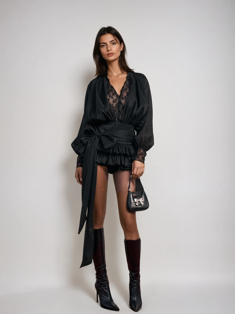 cornelia V Neck Lace Bow Mini Dress in black