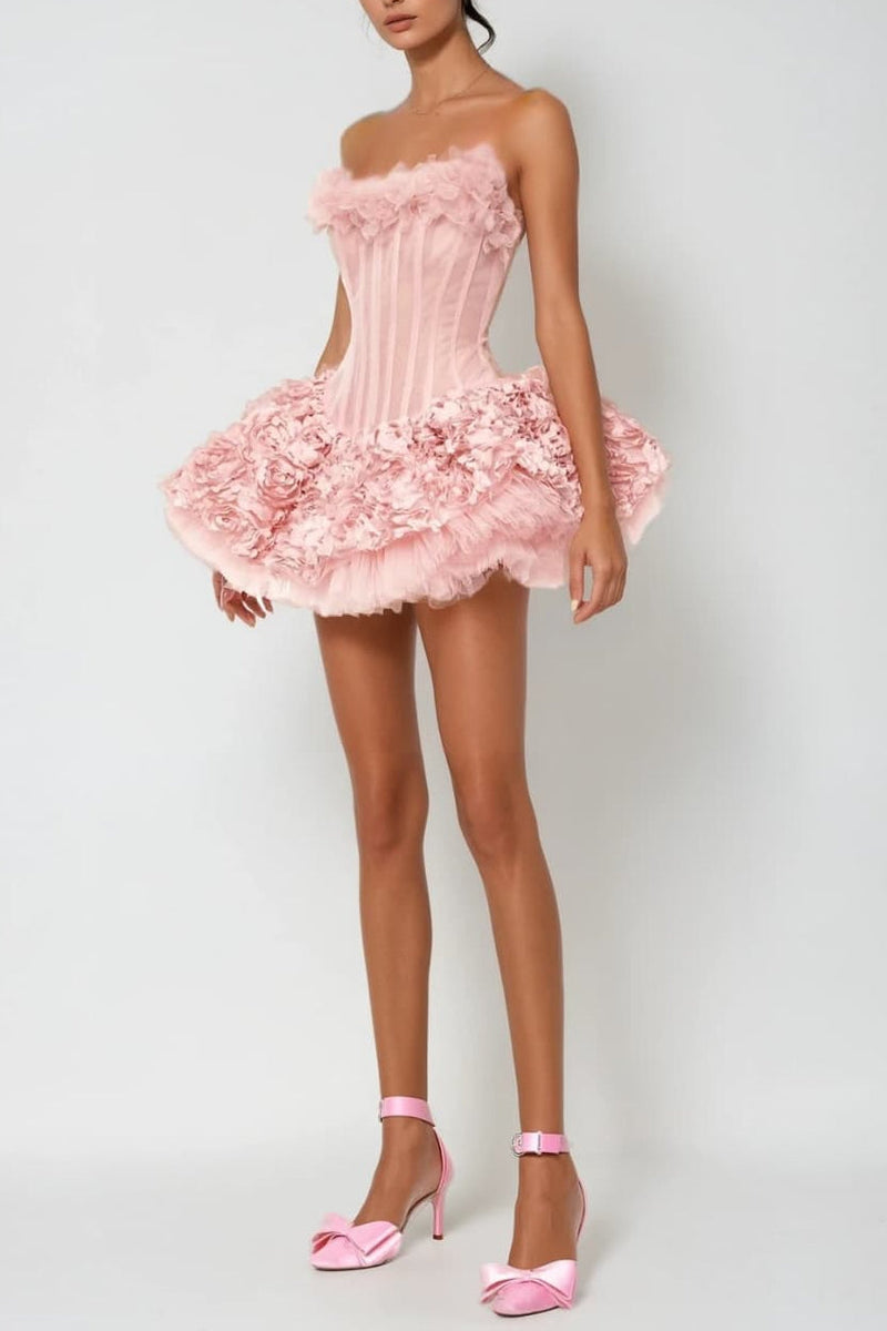 alberta 3d Flower Strapless Mini Dress in pink