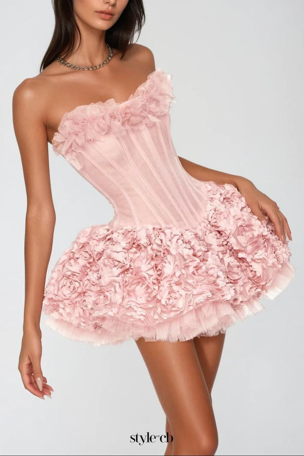 alberta 3d Flower Strapless Mini Dress in pink