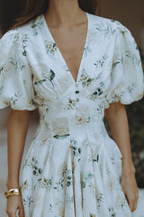 venus v-neck floral print puff sleeve mini dress