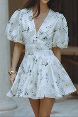 venus v-neck floral print puff sleeve mini dress