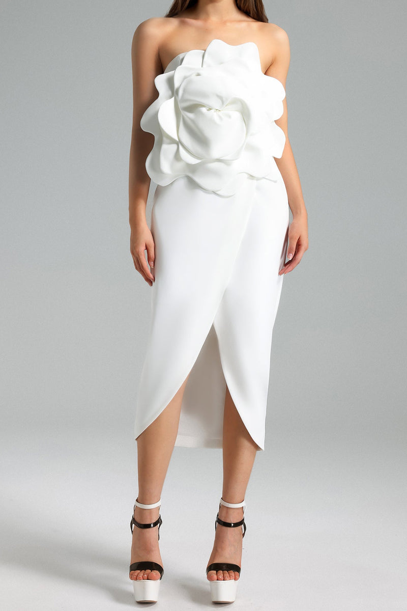 Valery 3d Flower Slit Midi Dress - White