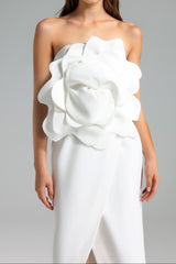 Valery 3d Flower Slit Midi Dress - White