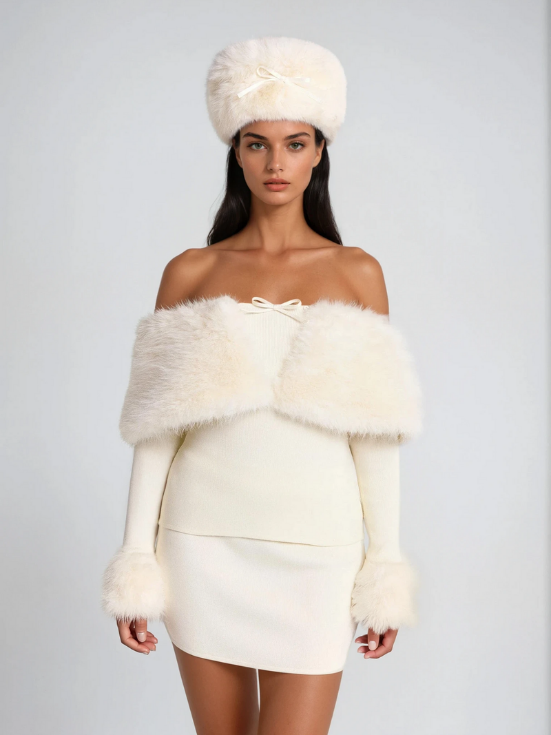 sherry Off Shoulder Furry Skirt Set