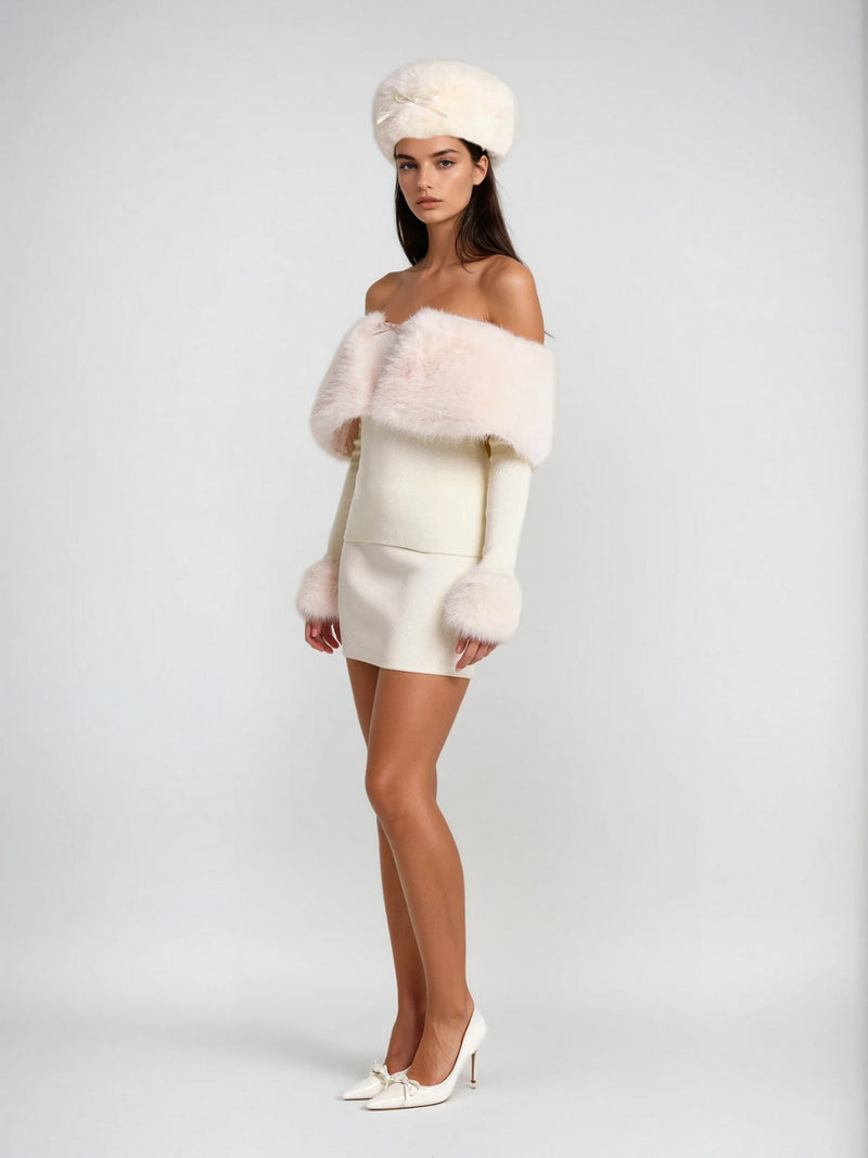 sherry Off Shoulder Furry Skirt Set