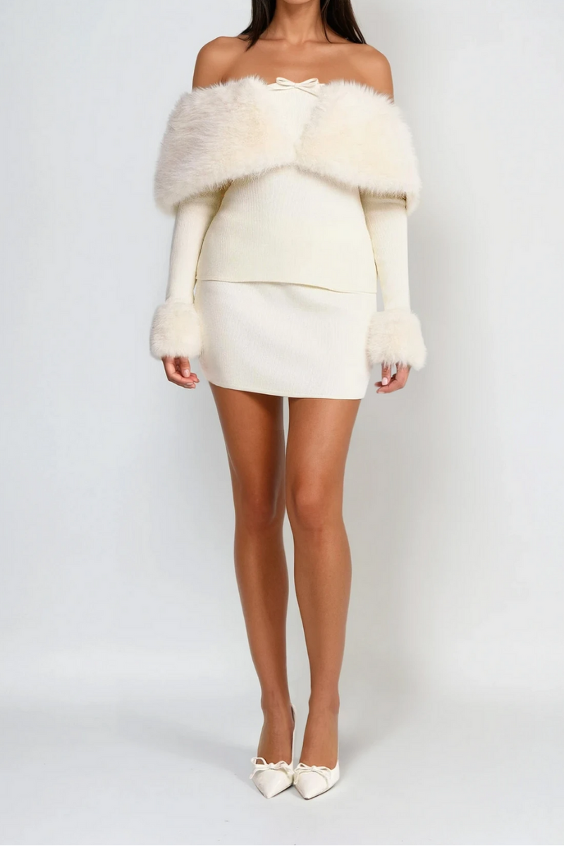 sherry Off Shoulder Furry Skirt Set