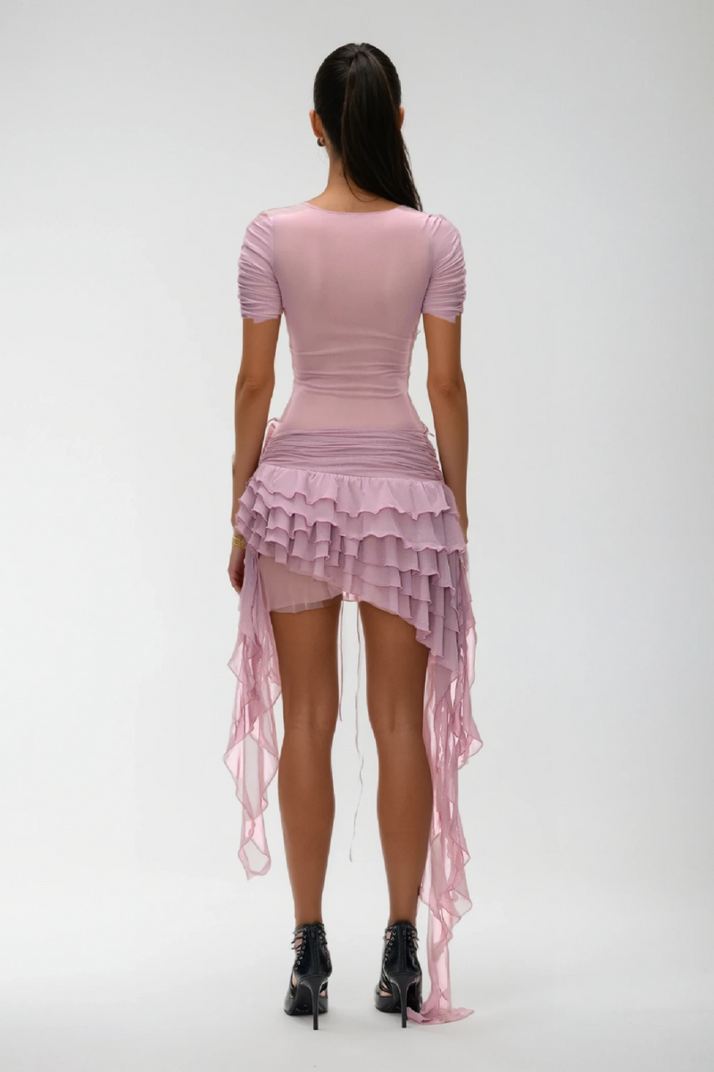 Waldek Lace Up Plunge Asymmetric Ruffle Mini Dress