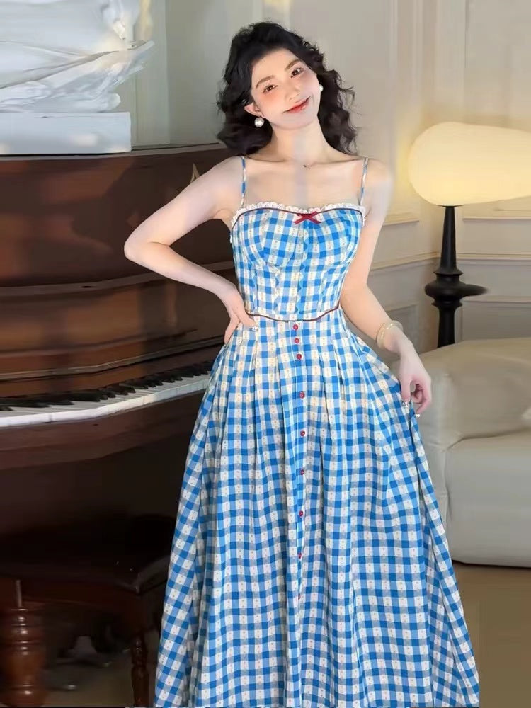 virginia plaid strap maxi dress in blue