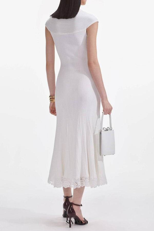 White Knit Lace Insert Midi Dress