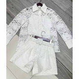 hollow cut lace shirt shorts two pieces set in white