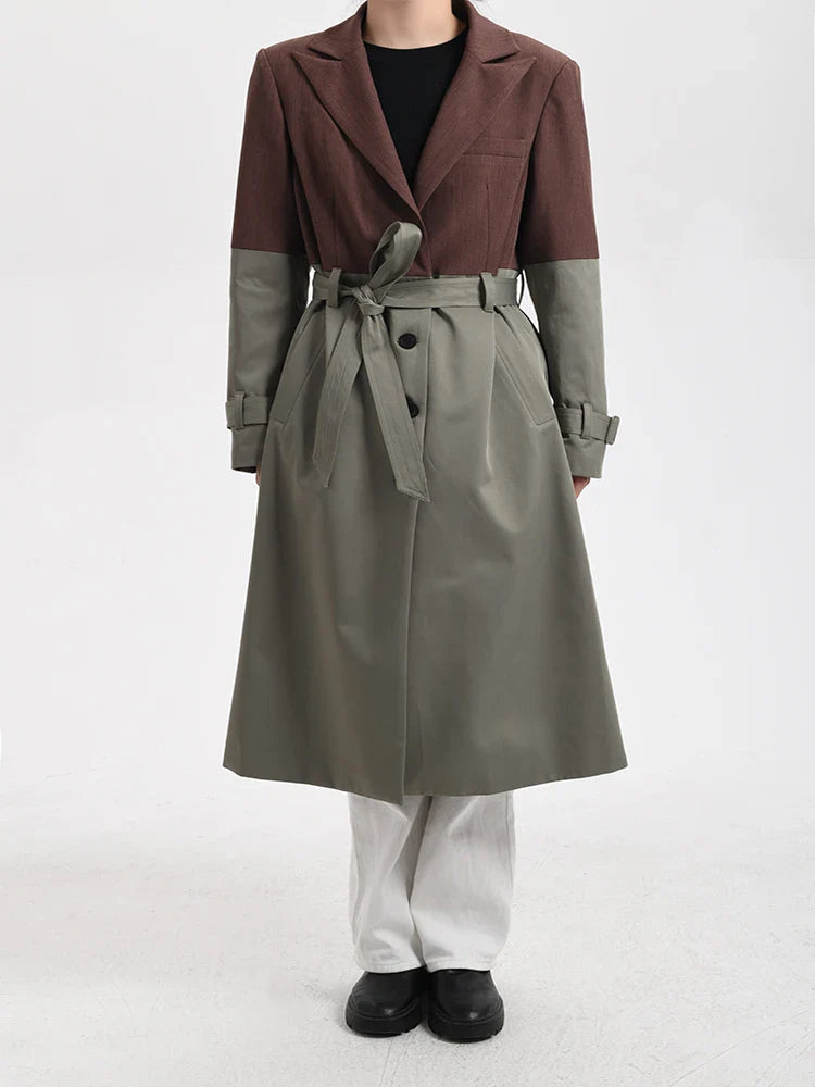 Belted Blazer Trench Coat in Brown Gray