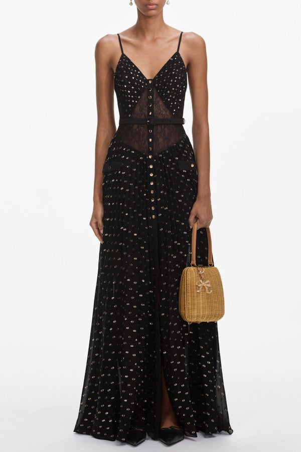 Lace Dot Belted Pleated Maxi Dress
