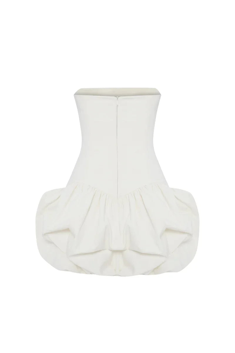regina strapless puffy mini dress in off-white