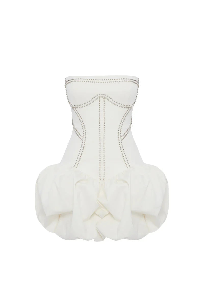 regina strapless puffy mini dress in off-white
