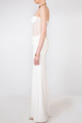 priscilla Strapless Veiled Corset Maxi Dress in white