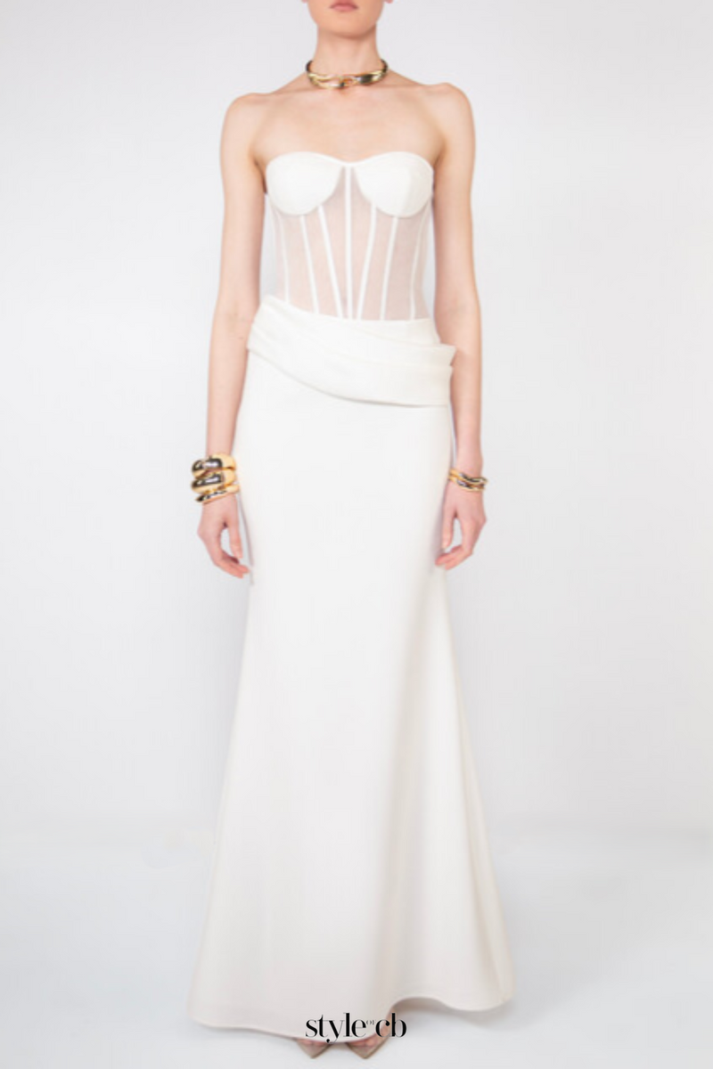 priscilla Strapless Veiled Corset Maxi Dress in white
