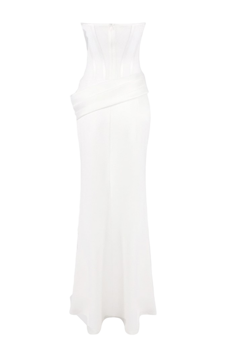 priscilla Strapless Veiled Corset Maxi Dress in white