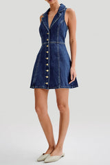 eartha Collared Denim Mini Dress - Dark Blue