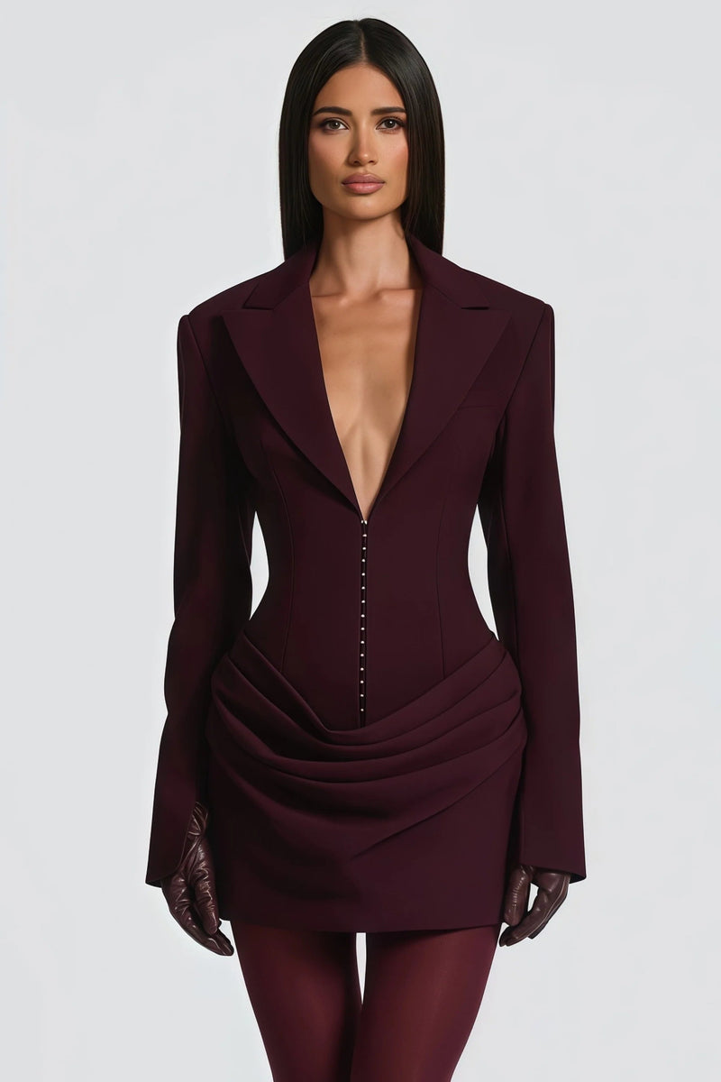 amelia v-neck ruched Blazer Mini Dress in Wine Red